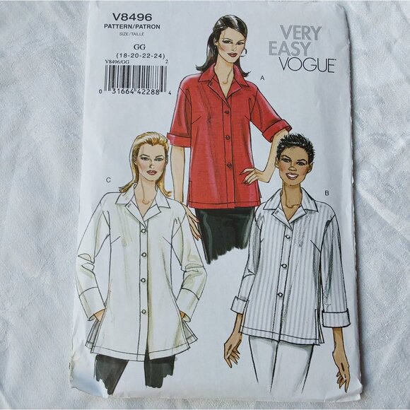 Very Easy Vogue sewing pattern 8496 loose fitting shirt 3 styles sizes 18 to 24 - Picture 1 of 5